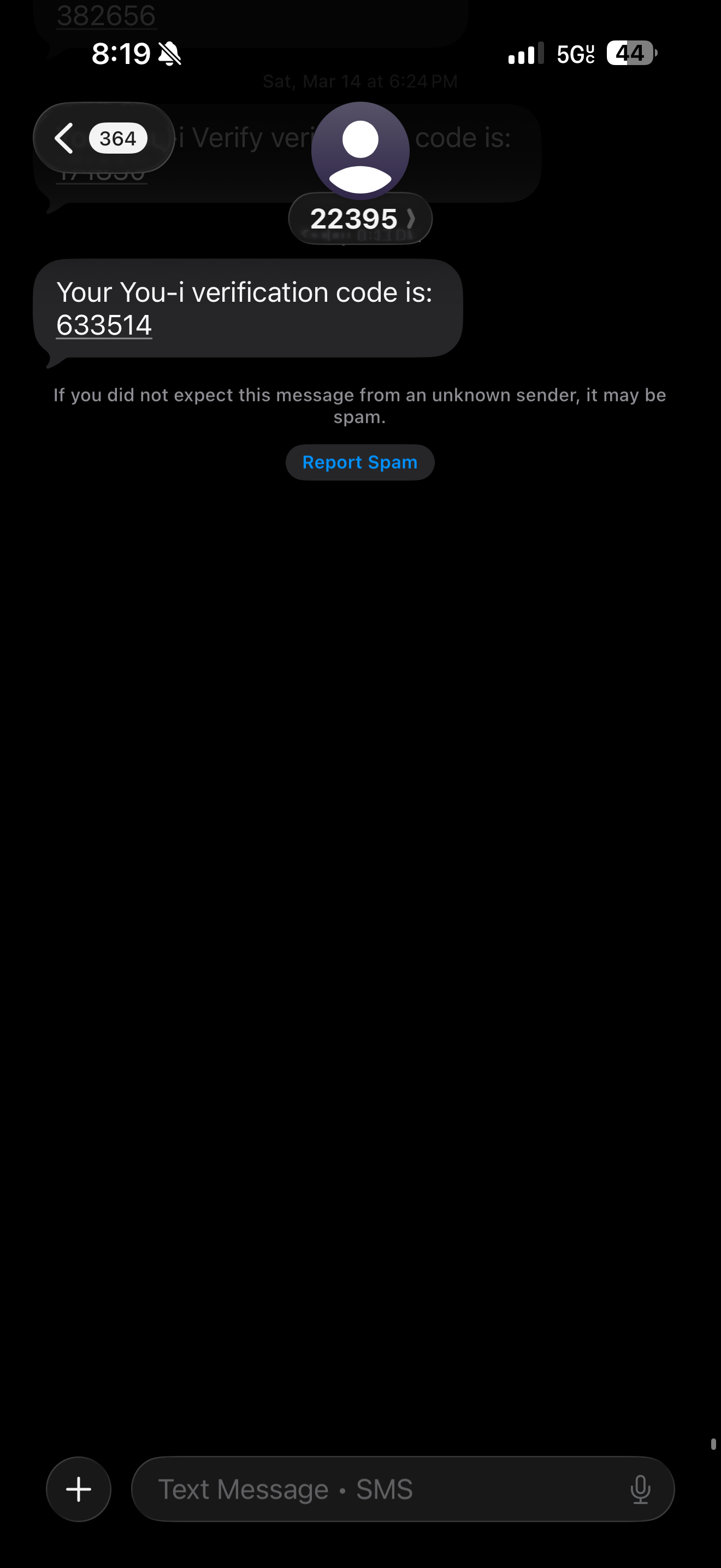 SMS Messages app showing OTP verification code from You-i via Twilio